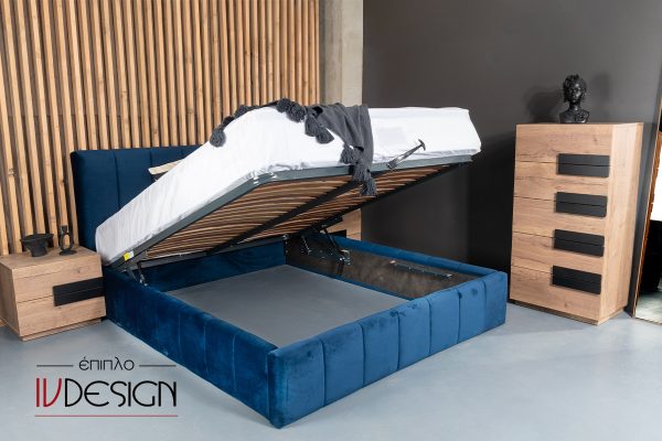 Κρεβάτι ντυμένο με αδιάβροχο βελούδο και μπαούλο